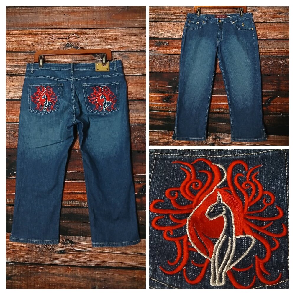 Vintage Baby Phat Capri Jeans 14 Low Rise Embroidered Blue Denim Stretch
